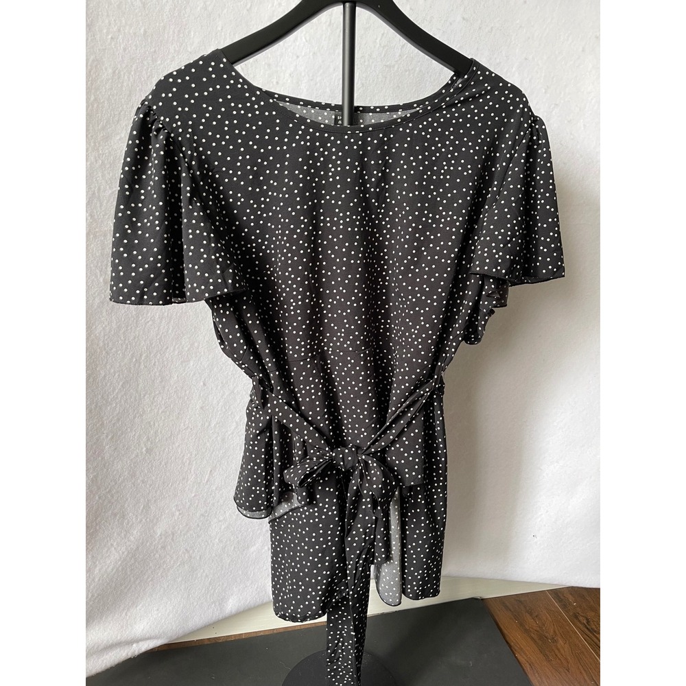 Shein Curve Polka Dot Peplum Blouse Black White Tie Waist Short Sleeve 2XL